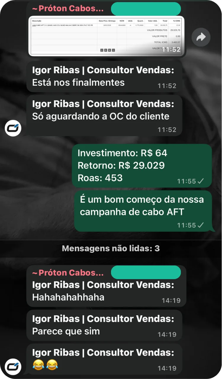 Depoimento de cliente M2up via WhatsApp