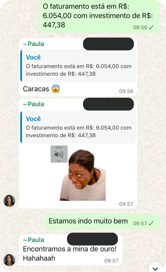 Depoimento de cliente M2up via WhatsApp