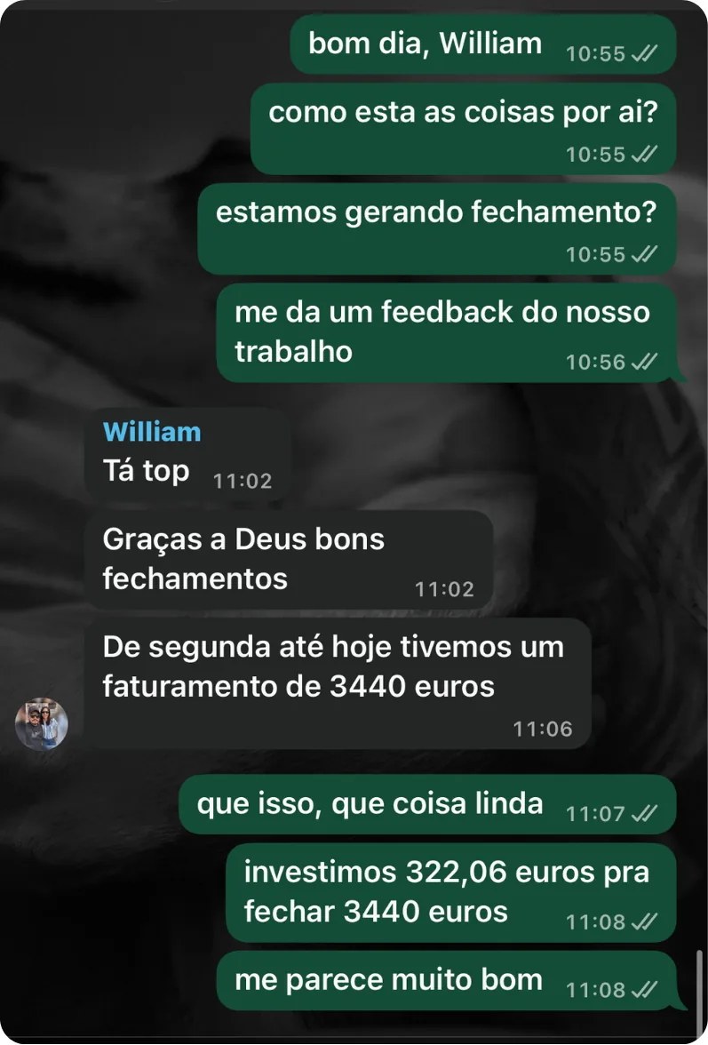 Depoimento de cliente M2up via WhatsApp