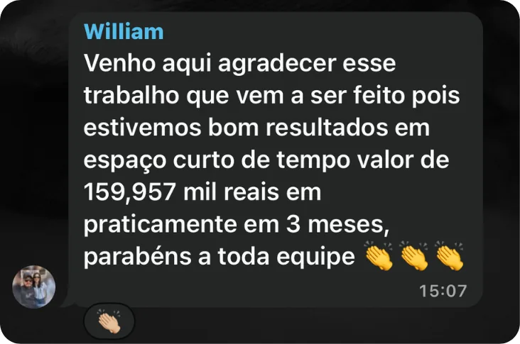 Depoimento de cliente M2up via WhatsApp