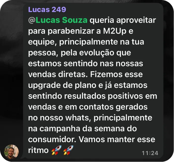 Depoimento de cliente M2up via WhatsApp