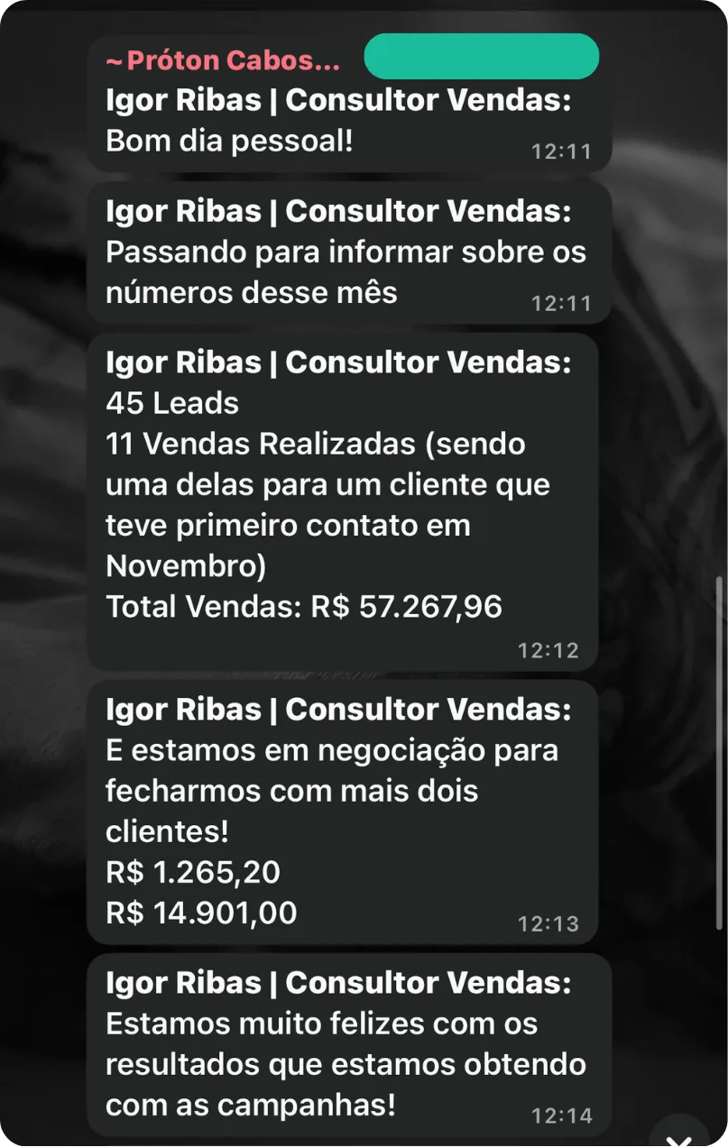 Depoimento de cliente M2up via WhatsApp