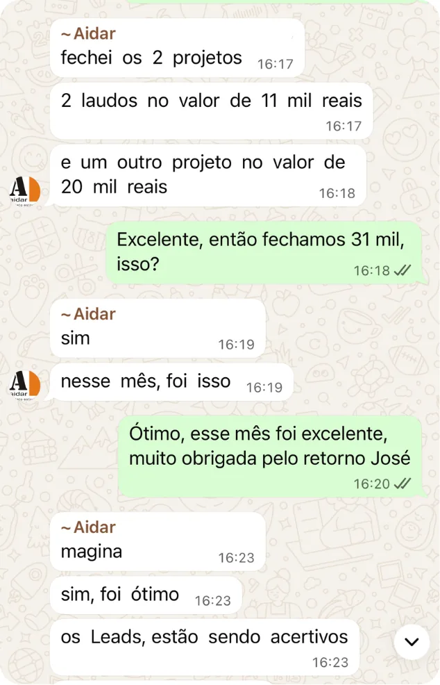 Depoimento de cliente M2up via WhatsApp