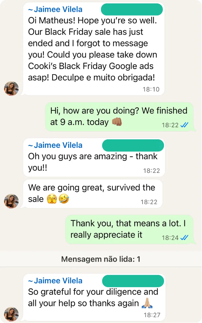 Depoimento de cliente M2up via WhatsApp