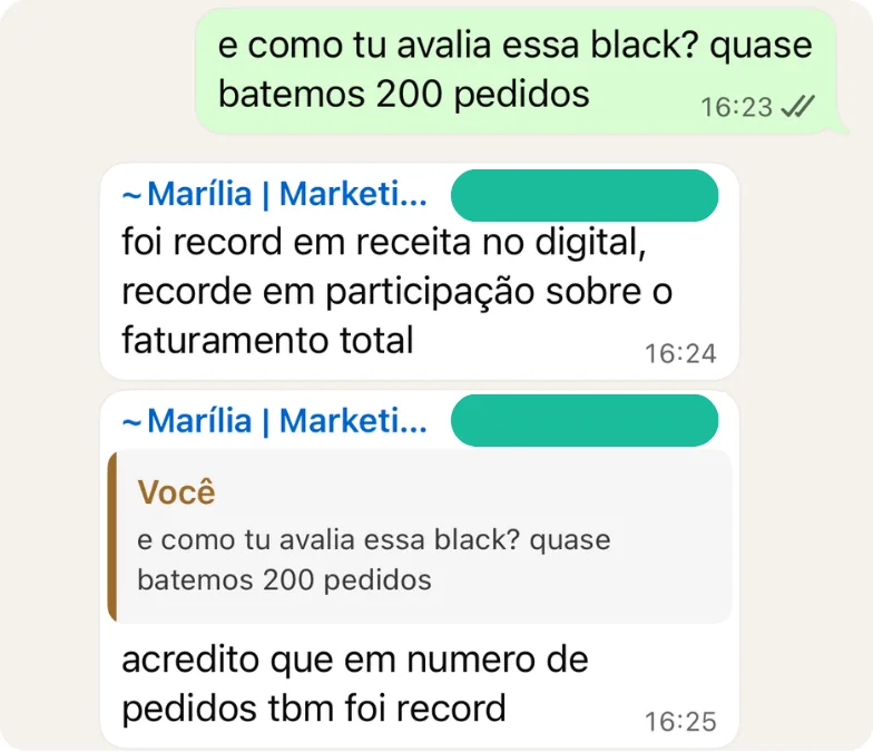 Depoimento de cliente M2up via WhatsApp